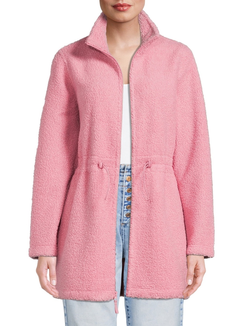 Pink Sherpa Fleece Jacket with Drawstring Waist